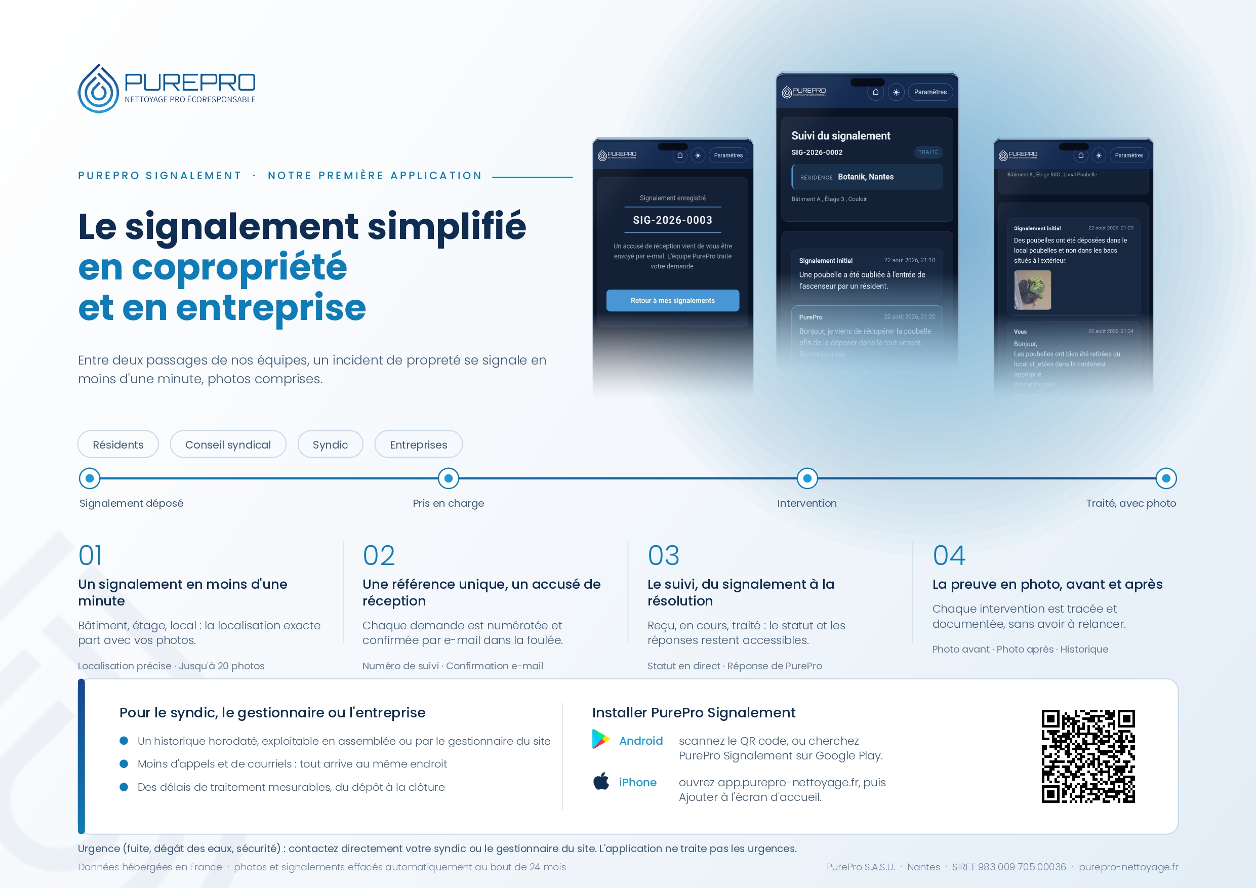 Affiche A3 PurePro Signalement à poser dans le hall, avec QR code d'installation de l'application