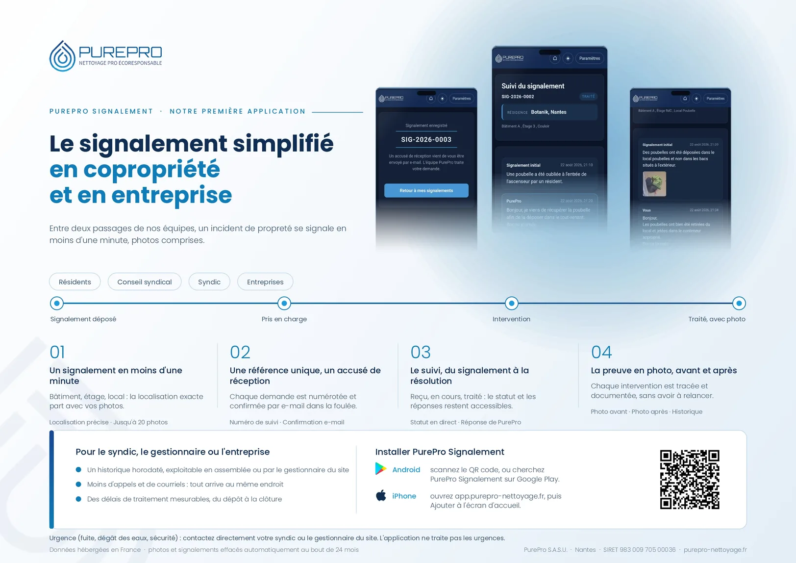 Affiche A3 PurePro Signalement à poser dans le hall, avec QR code d'installation de l'application