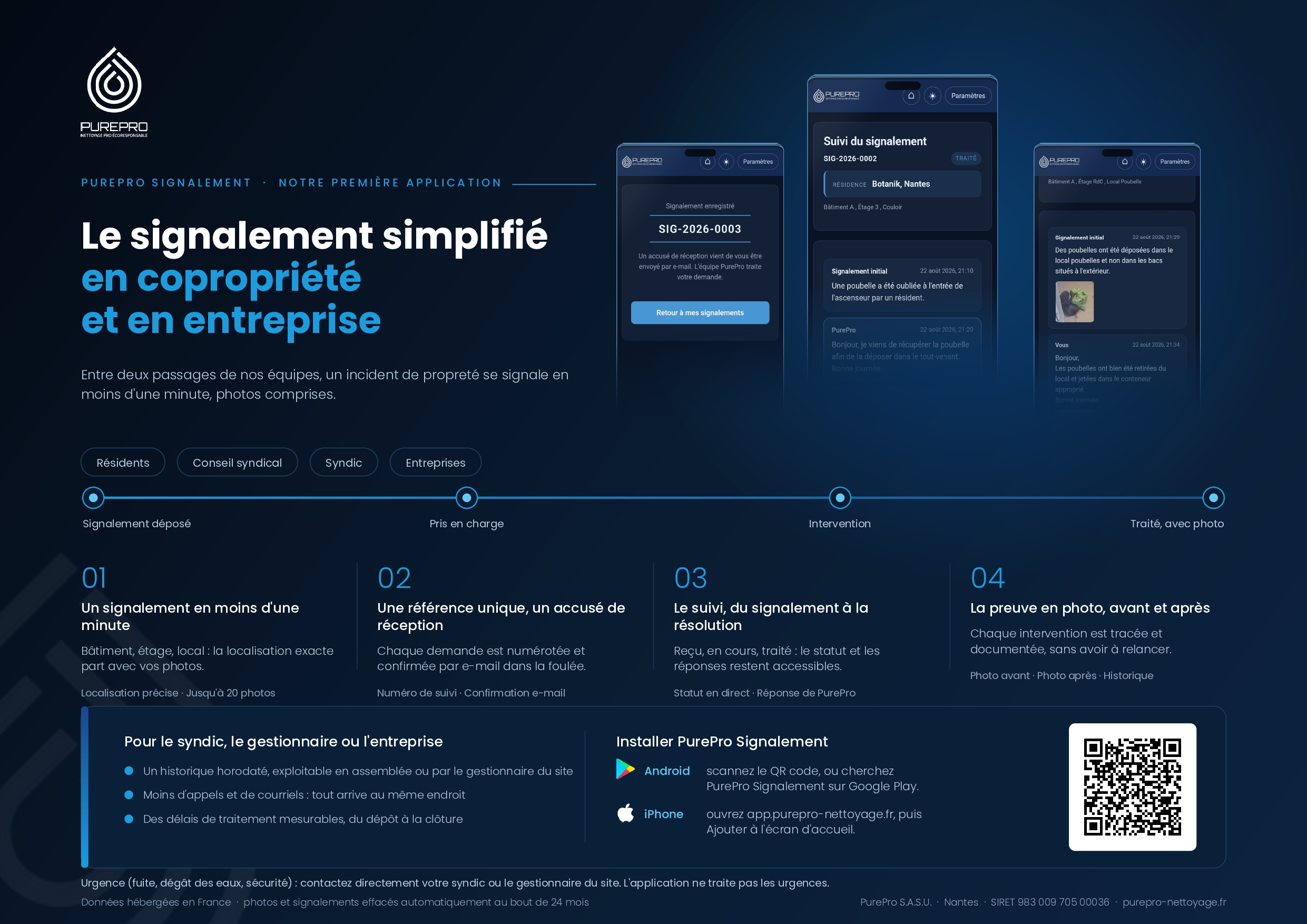 Affiche A3 PurePro Signalement à poser dans le hall, avec QR code d'installation de l'application