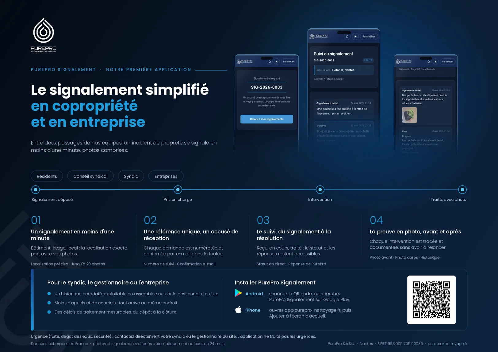 Affiche A3 PurePro Signalement à poser dans le hall, avec QR code d'installation de l'application