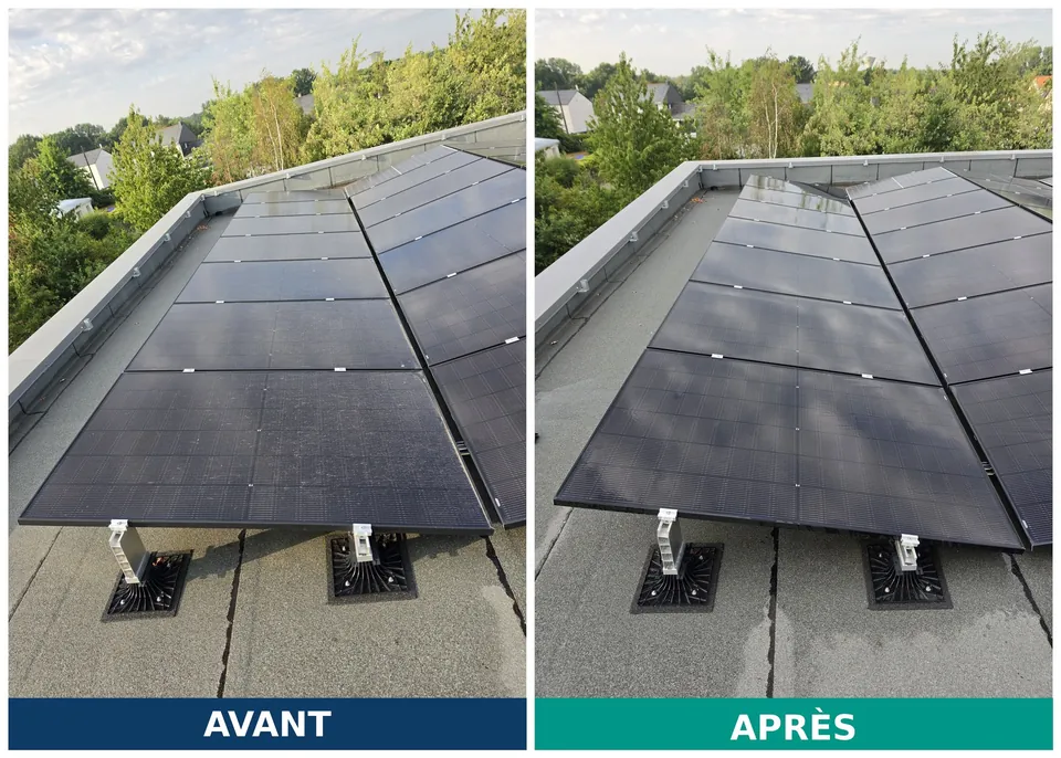 Panneaux solaires avant et après nettoyage à l'eau pure sur toiture plate