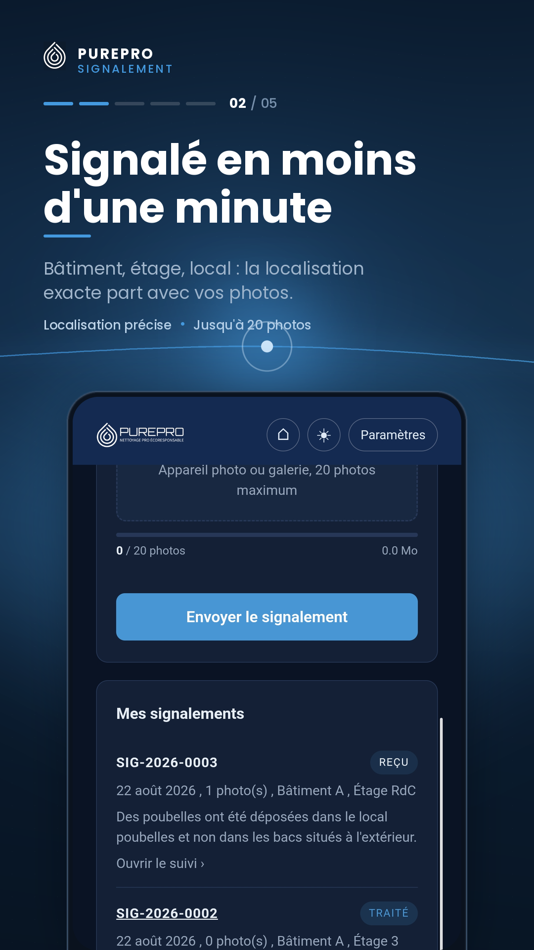 Formulaire d'envoi d'un signalement avec compteur de photos, et liste « Mes signalements » affichant le statut de chaque demande