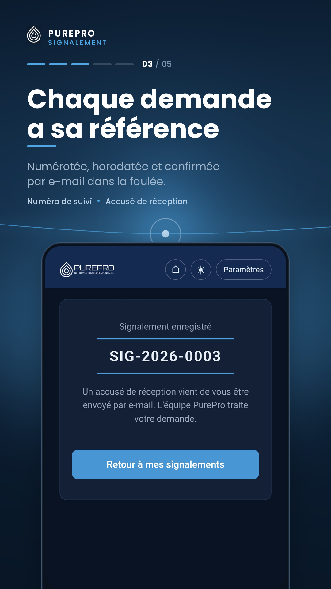 Écran de confirmation affichant la référence du signalement, SIG-2026-0003, et son accusé de réception