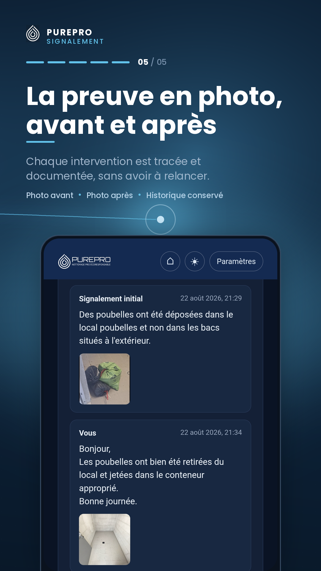 Fil d'un signalement montrant la photo du constat, puis la photo prise après l'intervention